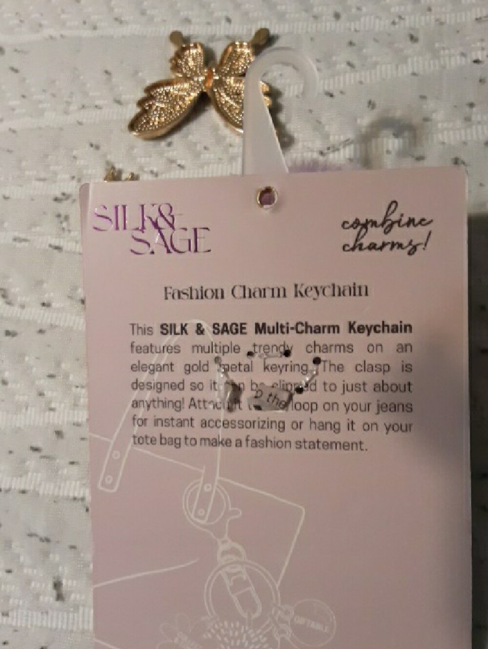 Silk And Sage Lavender Pom-Pom Keychain with Gold Butterfly and Bow Charms - Picture 5 of 9